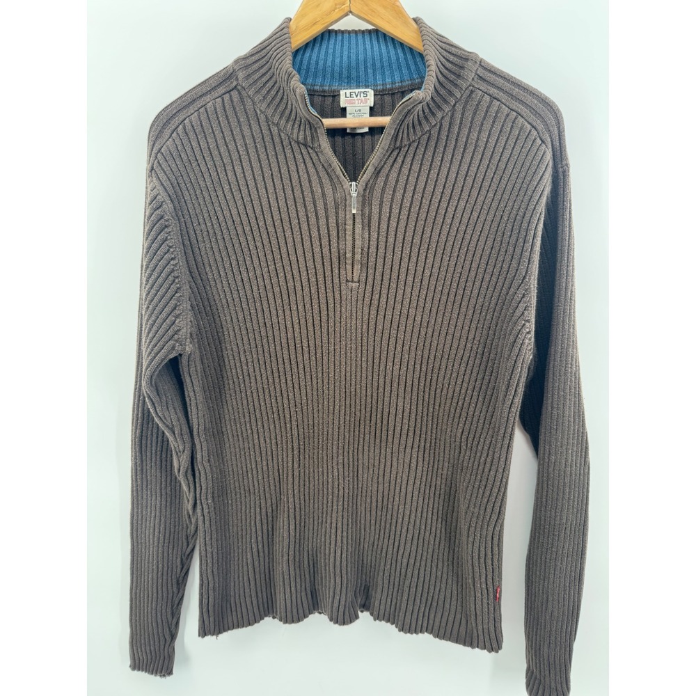 Levis Red Tab Mens Large Brown Ribbed 100% Cotton Quarter Zip Sweater RN 15610